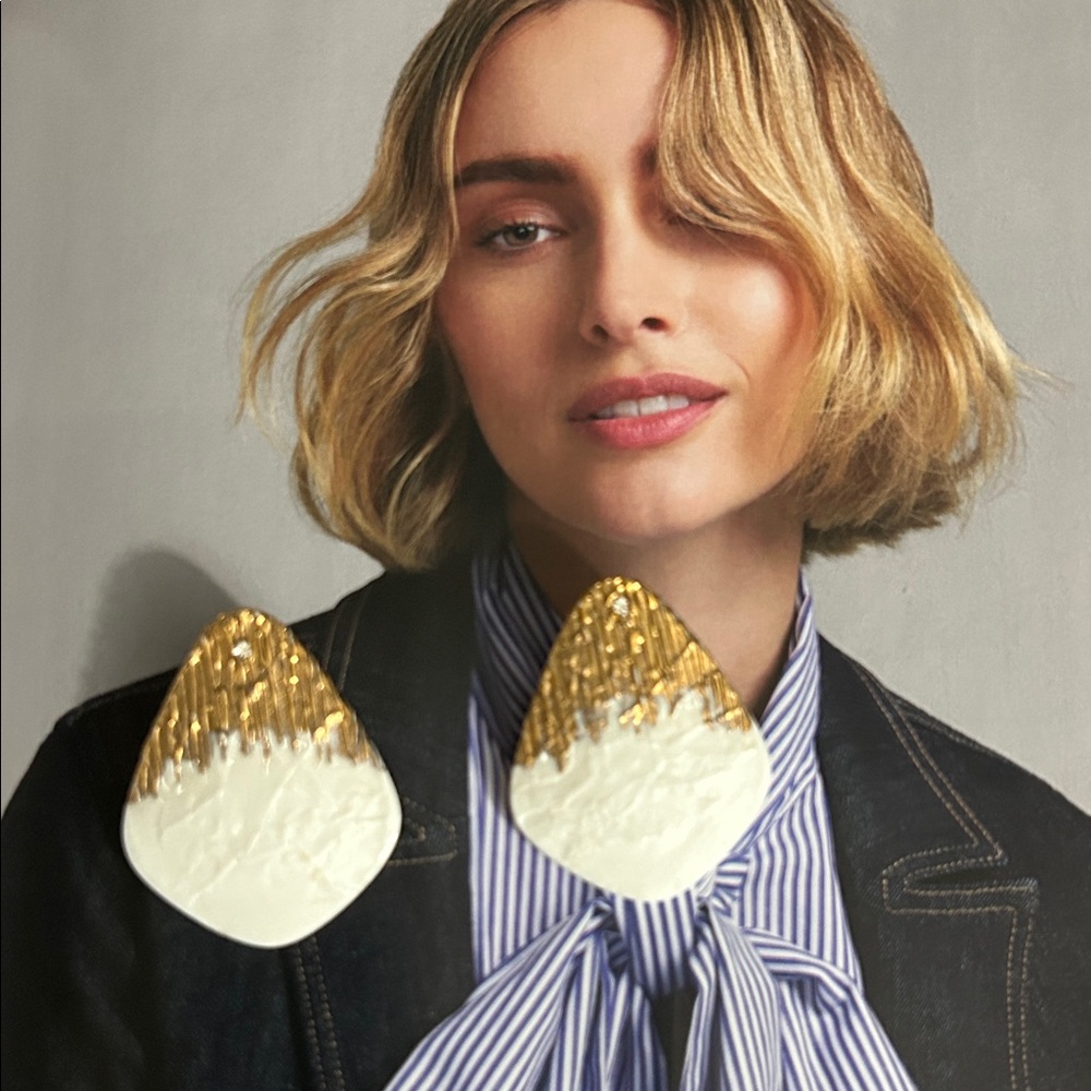 Chic  Gold and White  ceramic Earrings with rhinestones by designer sign